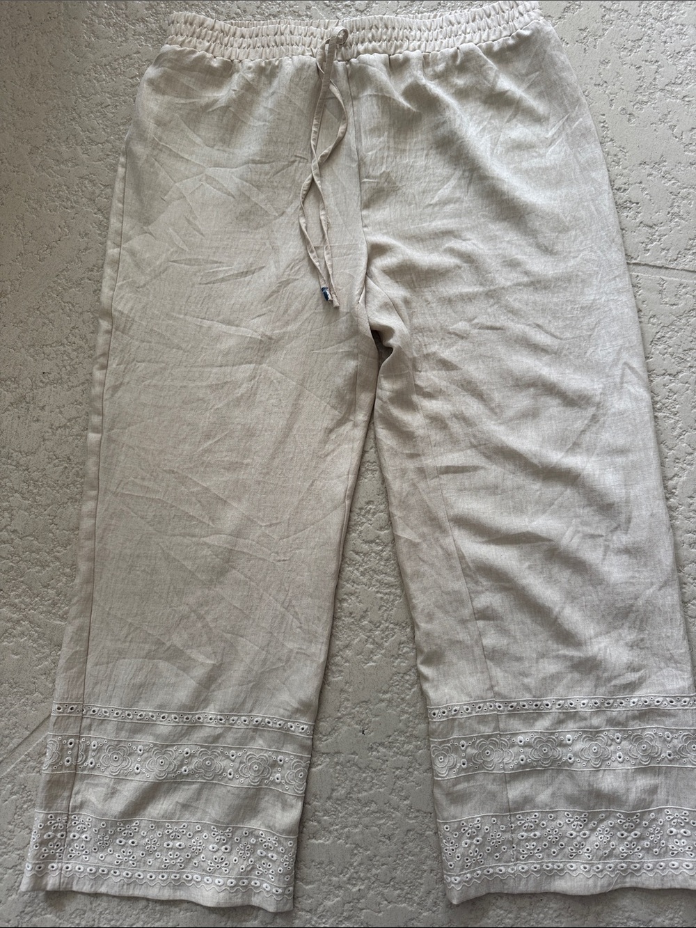 Wren Cream Linen-Blend Eyelet Hem Wide Leg Pants